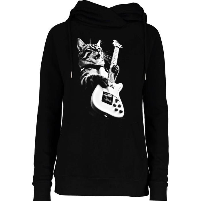 Rock Cat Playing Guitar Womens Funnel Neck Pullover Hood