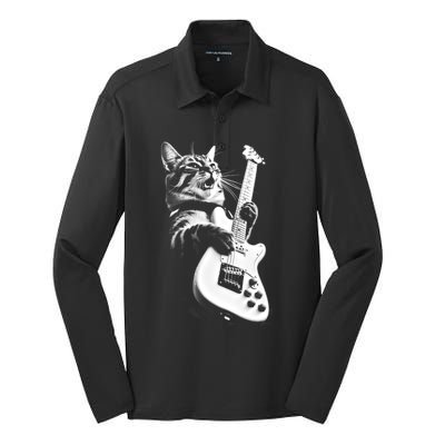 Rock Cat Playing Guitar Silk Touch Performance Long Sleeve Polo