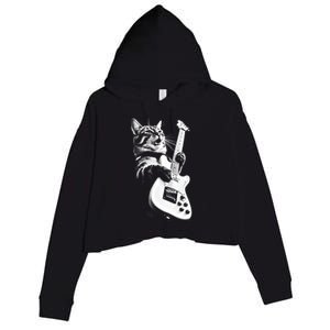 Rock Cat Playing Guitar Crop Fleece Hoodie