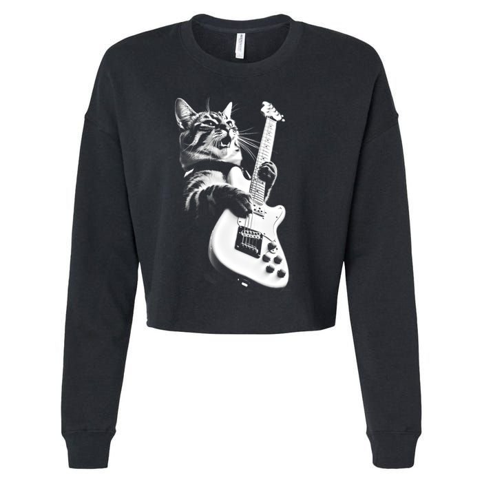 Rock Cat Playing Guitar Cropped Pullover Crew