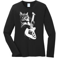 Rock Cat Playing Guitar Ladies Long Sleeve Shirt