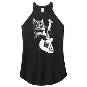 Rock Cat Playing Guitar Women's Perfect Tri Rocker Tank