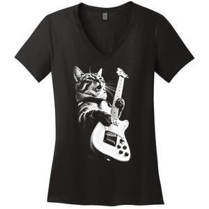 Rock Cat Playing Guitar Women's V-Neck T-Shirt