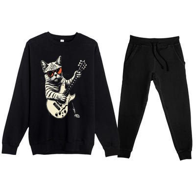 Rock Cat Playing Guitar Rock Kitty Funny Guitar Cat Premium Crewneck Sweatsuit Set