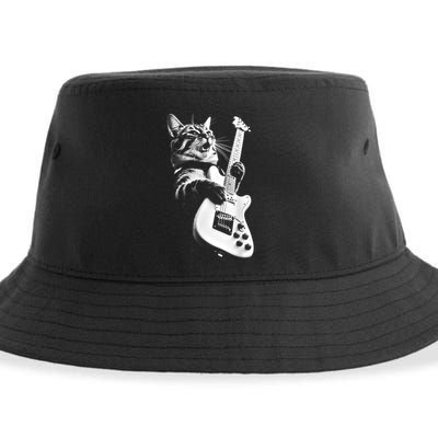 Rock Cat Playing Guitar Funny Guitar Cat Sustainable Bucket Hat