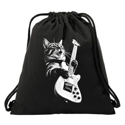 Rock Cat Playing Guitar Funny Guitar Cat Drawstring Bag