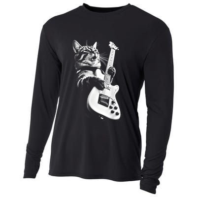 Rock Cat Playing Guitar Funny Guitar Cat Cooling Performance Long Sleeve Crew