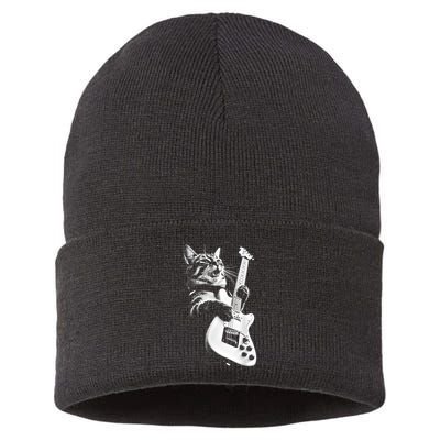 Rock Cat Playing Guitar Funny Guitar Cat Sustainable Knit Beanie