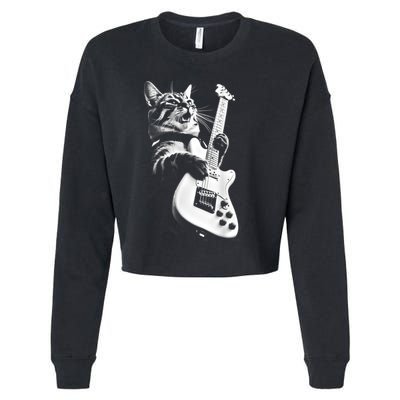 Rock Cat Playing Guitar Funny Guitar Cat Cropped Pullover Crew