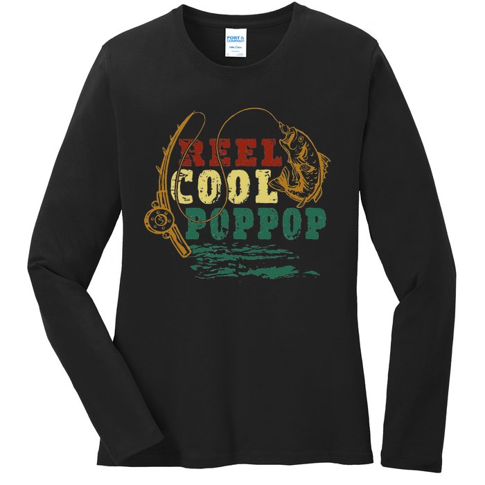 Reel Cool Pop Pop Vintage Fishing Funny Grandpa Fisherman Ladies Long Sleeve Shirt