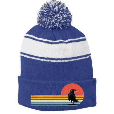 Raven Crow Retro Style Animal Bird Lover Bird Watcher Stripe Pom Pom Beanie