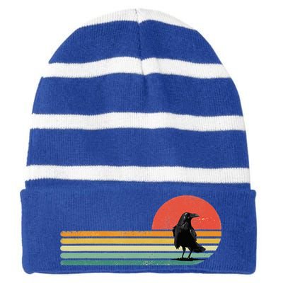 Raven Crow Retro Style Animal Bird Lover Bird Watcher Striped Beanie with Solid Band