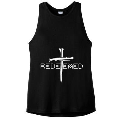 Redeemed Collection Redeemed By The Blood Of Jesus Ephesians 1:7 Front And Back Ladies PosiCharge Tri-Blend Wicking Tank
