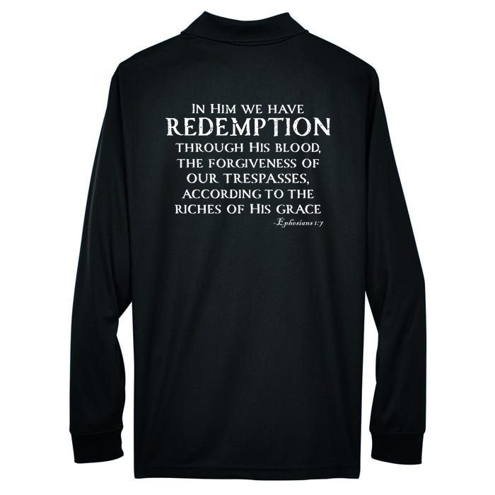 Redeemed Collection Redeemed By The Blood Of Jesus Ephesians 1:7 Front And Back Performance Long Sleeve Polo