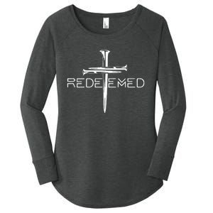 Redeemed Collection Redeemed By The Blood Of Jesus Ephesians 1:7 Front And Back Women's Perfect Tri Tunic Long Sleeve Shirt