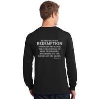Redeemed Collection Redeemed By The Blood Of Jesus Ephesians 1:7 Front And Back Tall Long Sleeve T-Shirt
