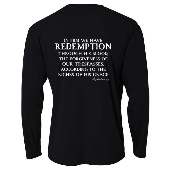 Redeemed Collection Redeemed By The Blood Of Jesus Ephesians 1:7 Front And Back Cooling Performance Long Sleeve Crew