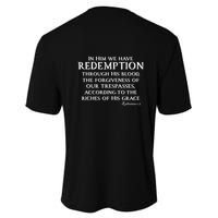Redeemed Collection Redeemed By The Blood Of Jesus Ephesians 1:7 Front And Back Youth Performance Sprint T-Shirt