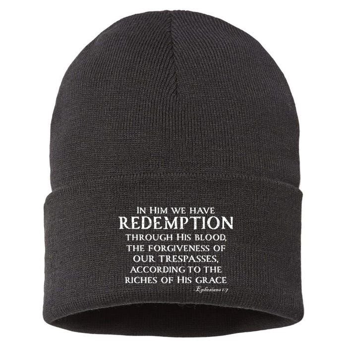 Redeemed Collection Redeemed By The Blood Of Jesus Ephesians 1:7 Front And Back Sustainable Knit Beanie