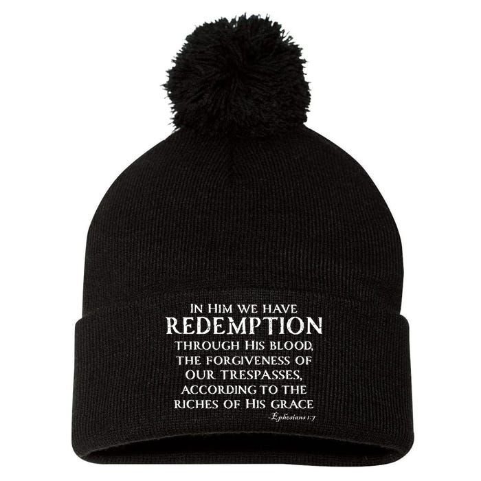 Redeemed Collection Redeemed By The Blood Of Jesus Ephesians 1:7 Front And Back Pom Pom 12in Knit Beanie