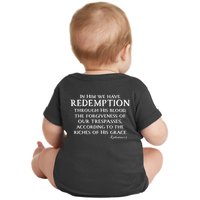 Redeemed Collection Redeemed By The Blood Of Jesus Ephesians 1:7 Front And Back Baby Bodysuit