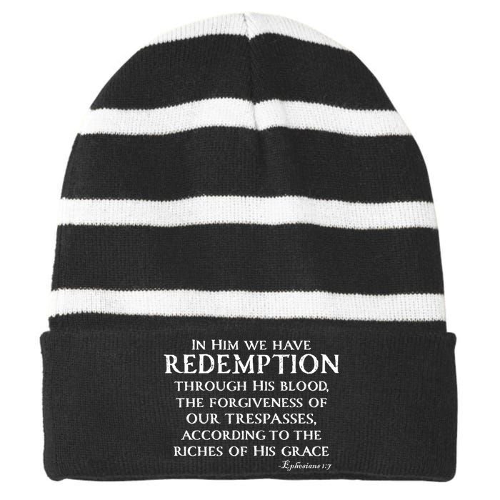 Redeemed Collection Redeemed By The Blood Of Jesus Ephesians 1:7 Front And Back Striped Beanie with Solid Band