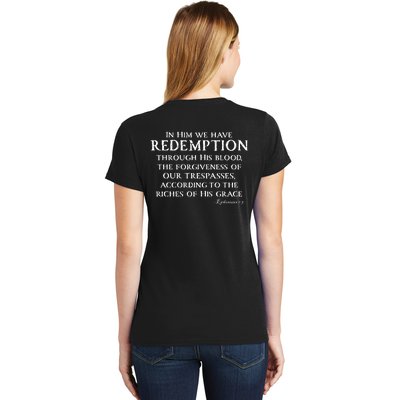 Redeemed Collection Redeemed By The Blood Of Jesus Ephesians 1:7 Front And Back Women's T-Shirt