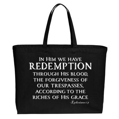 Redeemed Collection Redeemed By The Blood Of Jesus Ephesians 1:7 Front And Back Cotton Canvas Jumbo Tote