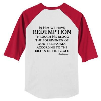 Redeemed Collection Redeemed By The Blood Of Jesus Ephesians 1:7 Front And Back Kids Colorblock Raglan Jersey