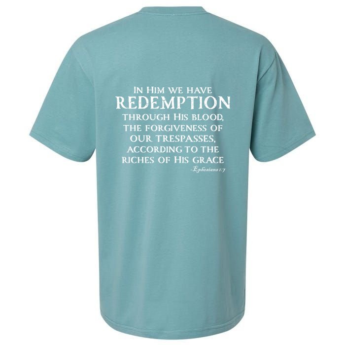 Redeemed Collection Redeemed By The Blood Of Jesus Ephesians 1:7 Front And Back Sueded Cloud Jersey T-Shirt