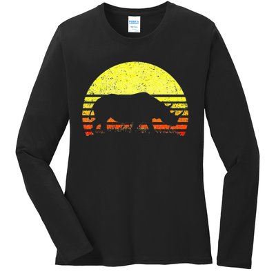 Rhino Cool Rhinoceros African Animals Retro Sunset Vintage Ladies Long Sleeve Shirt