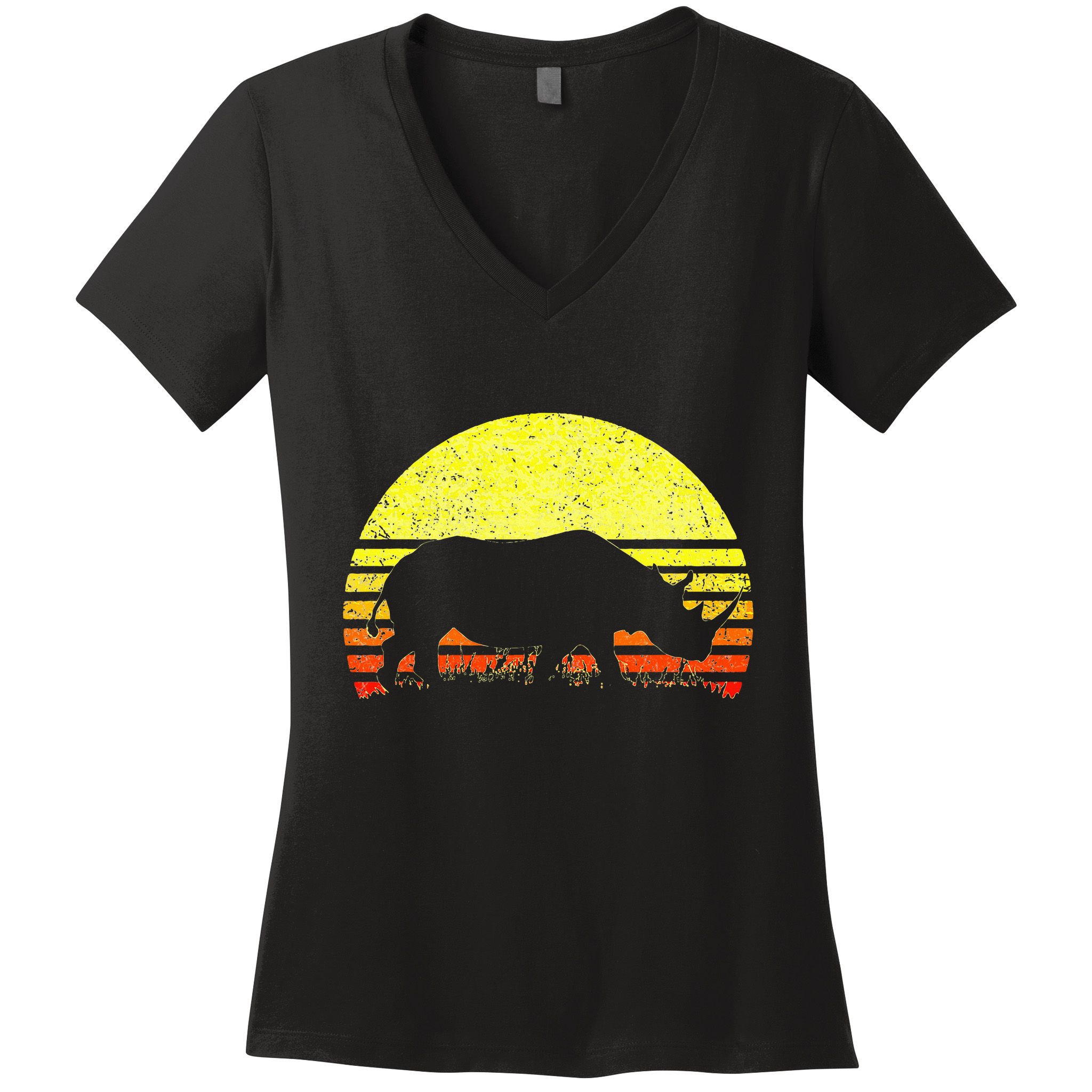 Rhino Cool Rhinoceros African Animals Retro Sunset Vintage Women's V-Neck T-Shirt