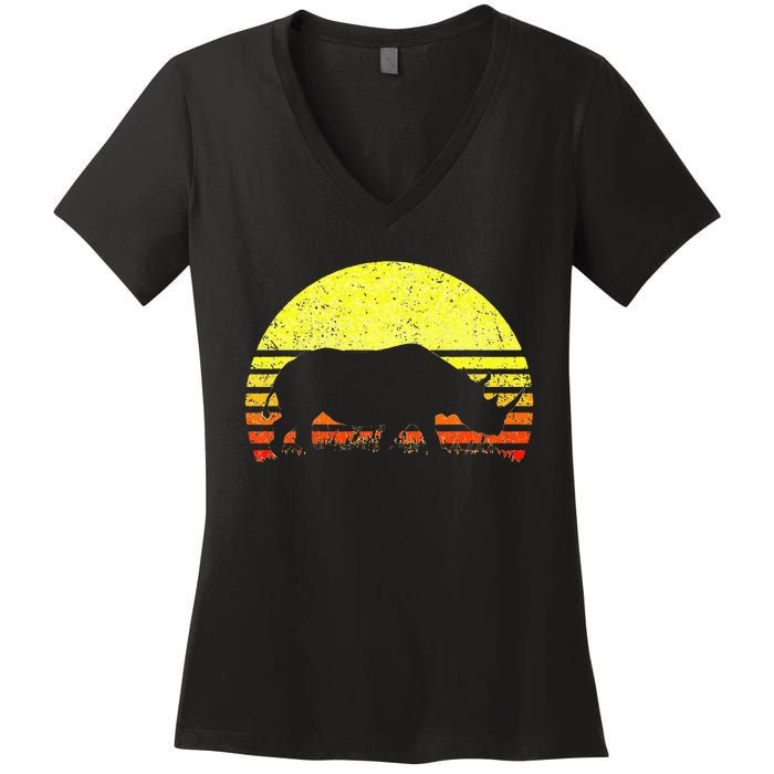 Rhino Cool Rhinoceros African Animals Retro Sunset Vintage Women's V-Neck T-Shirt