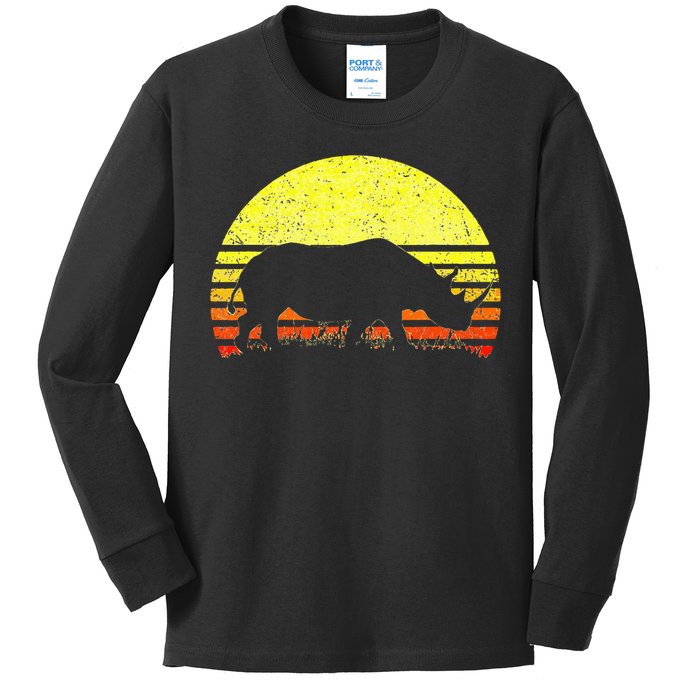 Rhino Cool Rhinoceros African Animals Retro Sunset Vintage Kids Long Sleeve Shirt