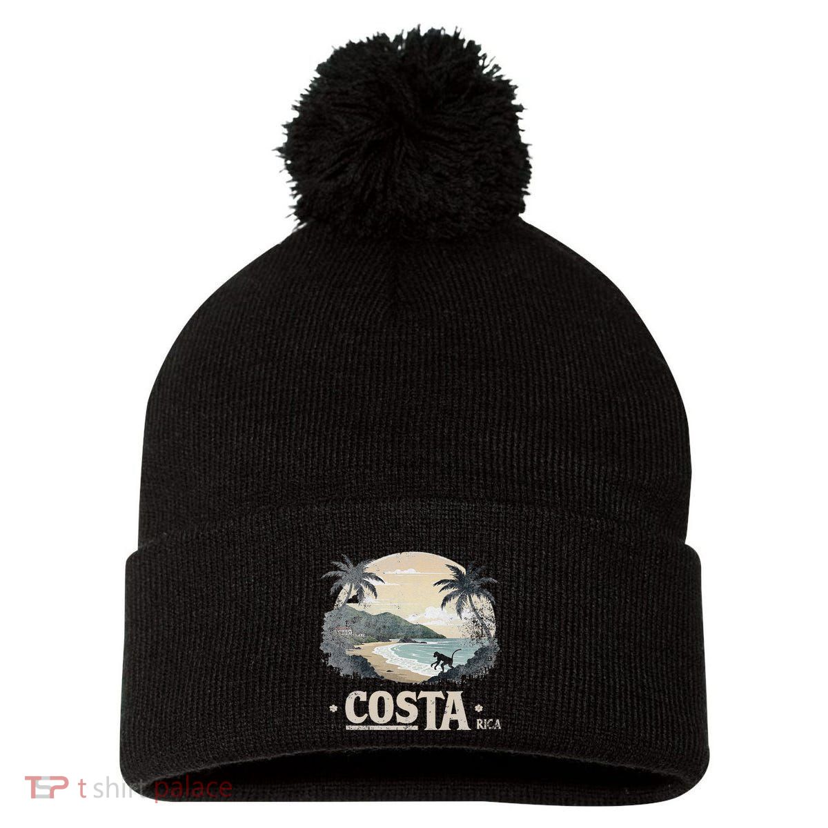 Retro Costa Rica Landscape Vintage Souvenir Pom Pom 12in Knit Beanie
