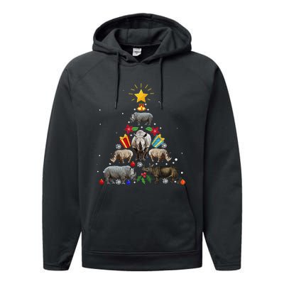 Rhino Christmas Rhinoceros Tree Performance Fleece Hoodie