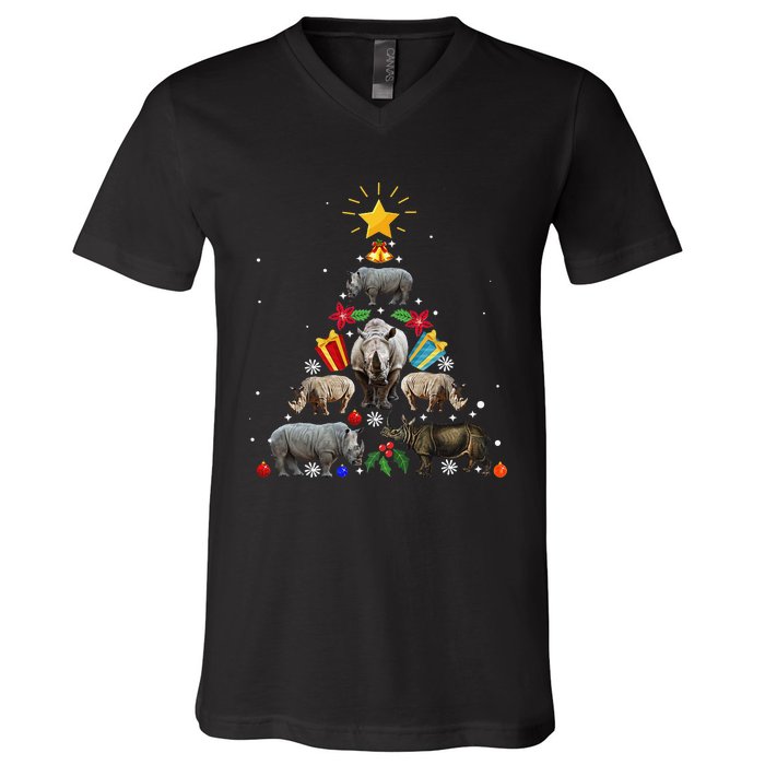 Rhino Christmas Rhinoceros Tree V-Neck T-Shirt