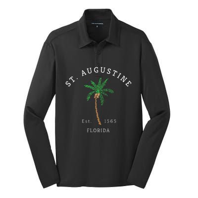 Retro Cool St. Augustine Florida Colorful Palm Tree Novelty Silk Touch Performance Long Sleeve Polo