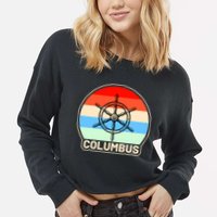 Retro Columbus Ship Wheel Cropped Pullover Crew