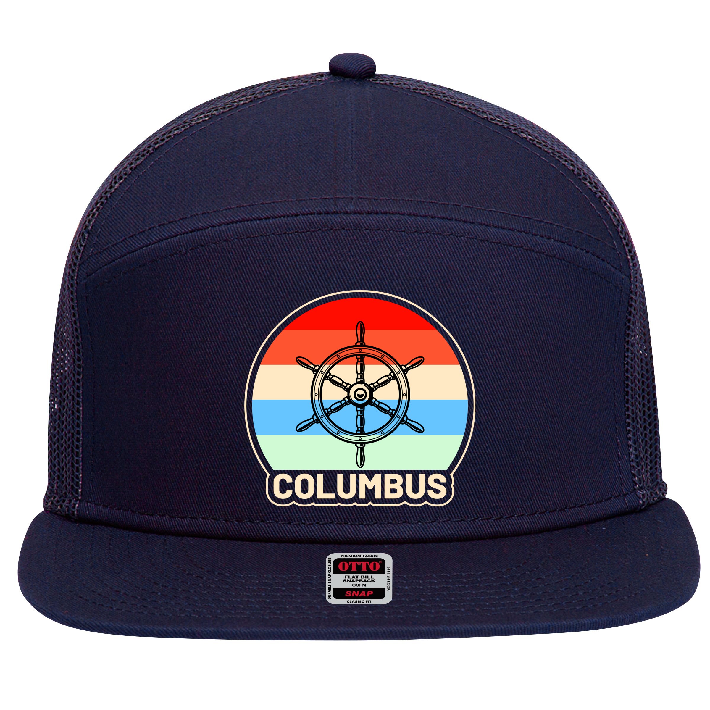Retro Columbus Ship Wheel 7 Panel Mesh Trucker Snapback Hat