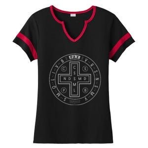 Religious Catholic St. Benedict Medal Christian Ladies Halftime Notch Neck Tee