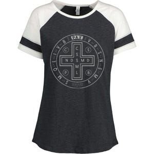 Religious Catholic St. Benedict Medal Christian Enza Ladies Jersey Colorblock Tee