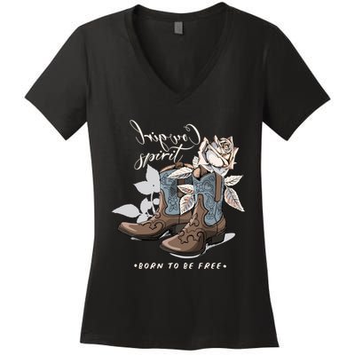 Reverse Cowgirl Spirit Born To Be Free Boots Women's V-Neck T-Shirt