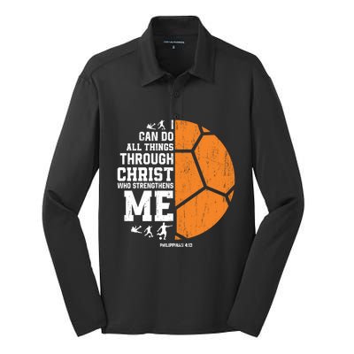 Religious Christian Soccer Funny Gift Christ Strengthens Me Silk Touch Performance Long Sleeve Polo