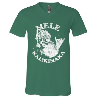 Retro Christmas Surf Mele Kalikimaka Santa Shaka Hawaii V-Neck T-Shirt