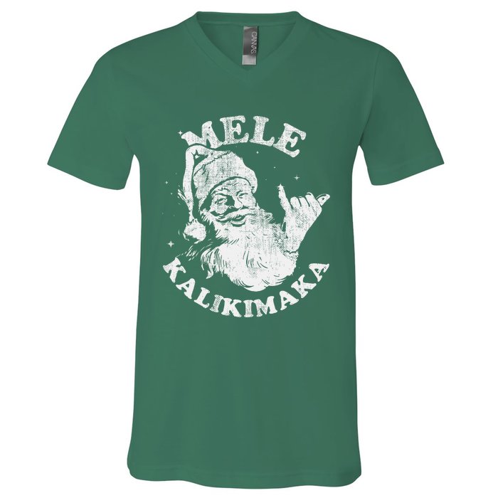 Retro Christmas Surf Mele Kalikimaka Santa Shaka Hawaii V-Neck T-Shirt