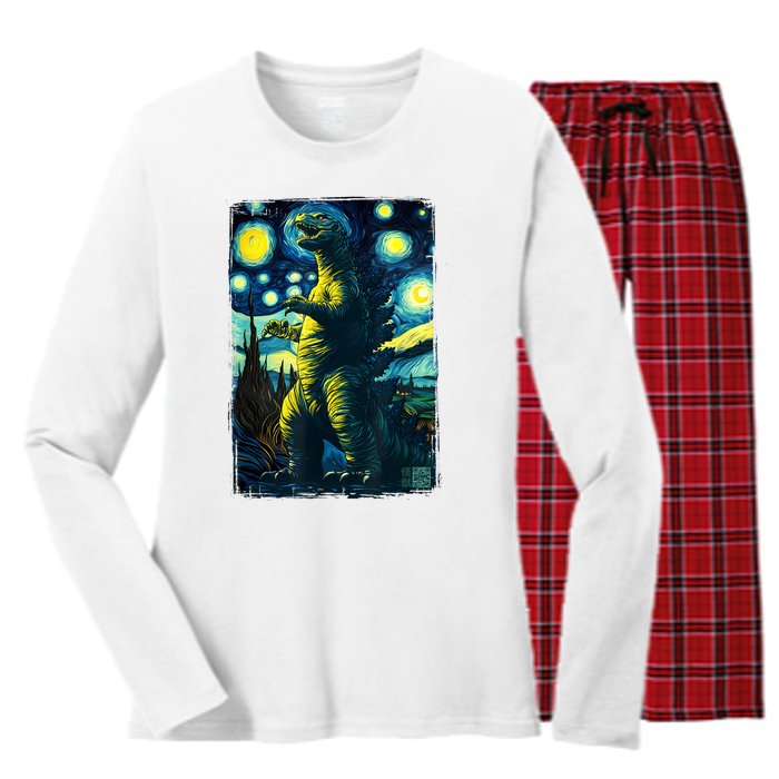 Retro Classic Starry Night Legendary Japanese Kaiju Women's Long Sleeve Flannel Pajama Set 