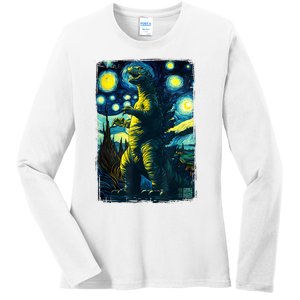 Retro Classic Starry Night Legendary Japanese Kaiju Ladies Long Sleeve Shirt