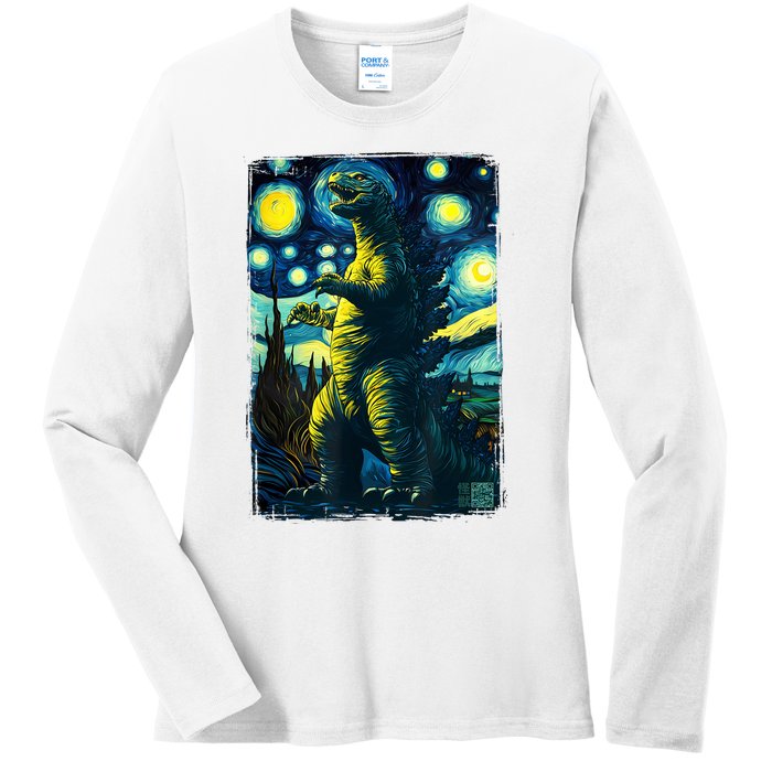 Retro Classic Starry Night Legendary Japanese Kaiju Ladies Long Sleeve Shirt