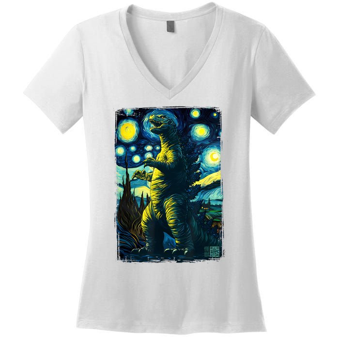 Retro Classic Starry Night Legendary Japanese Kaiju Women's V-Neck T-Shirt